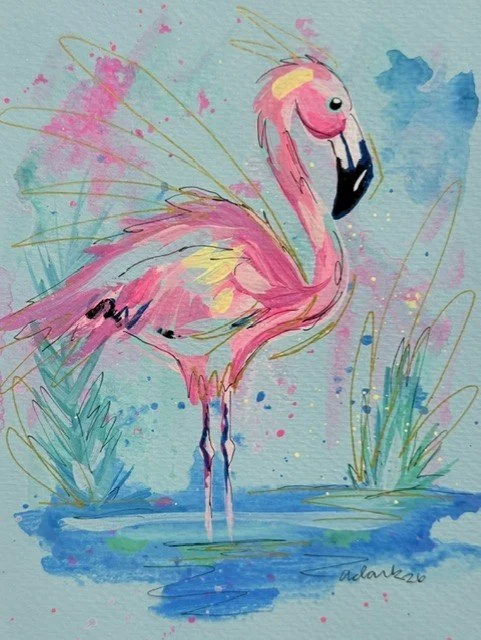 Blue Fancy Framed Flamingo artwork with a pink bird, blue water, and reeds against an aqua-blue background