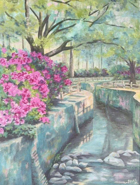 Azalea Light by Abby Clark, an acrylic painting with pink azaleas above a reflective Lowcountry waterway