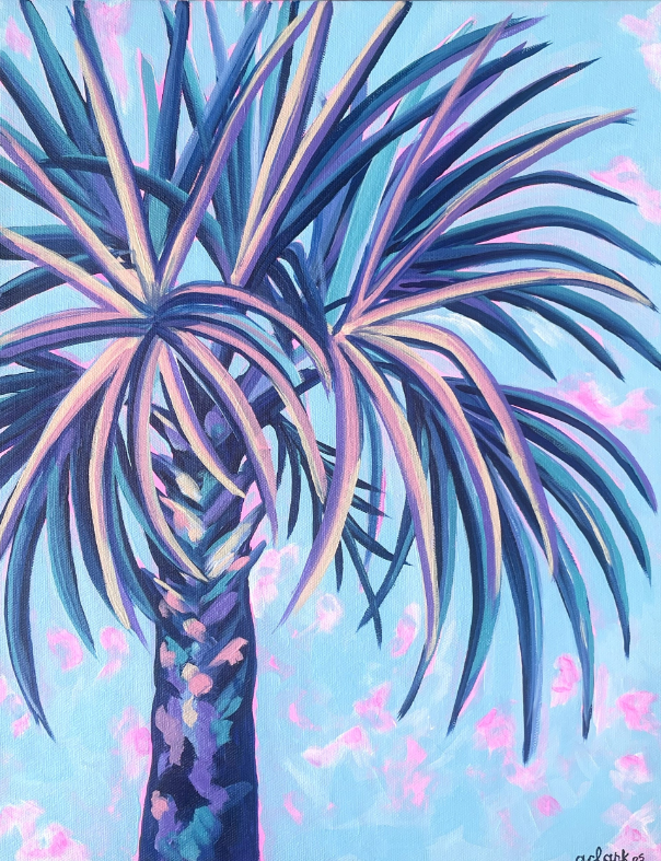 Fronds of Grace acrylic artwork with pink, purple, and teal palmetto fronds against a light blue sky