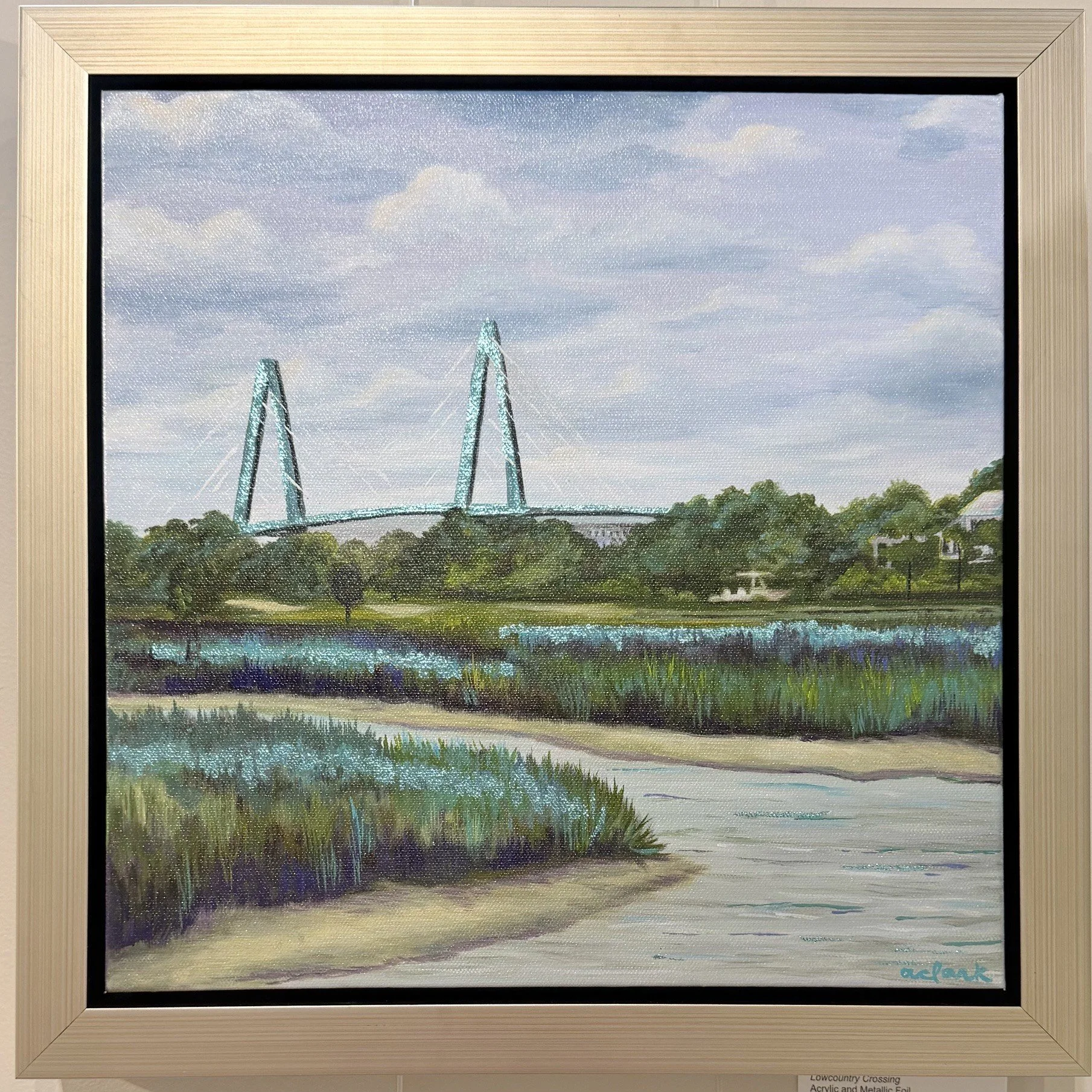 Lowcountry Crossing by Abby Clark, a framed painting of a bridge beyond a winding tidal marsh