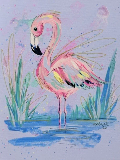 Purple Fancy Framed Flamingo artwork with a pink bird, blue water, and reeds against a lavender background