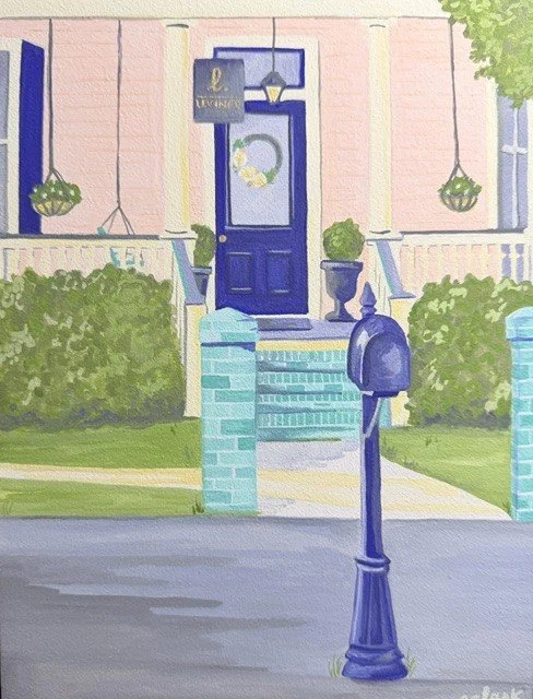 Summerville-inspired painting by Abby Clark, with a blue front door, porch, and mailbox