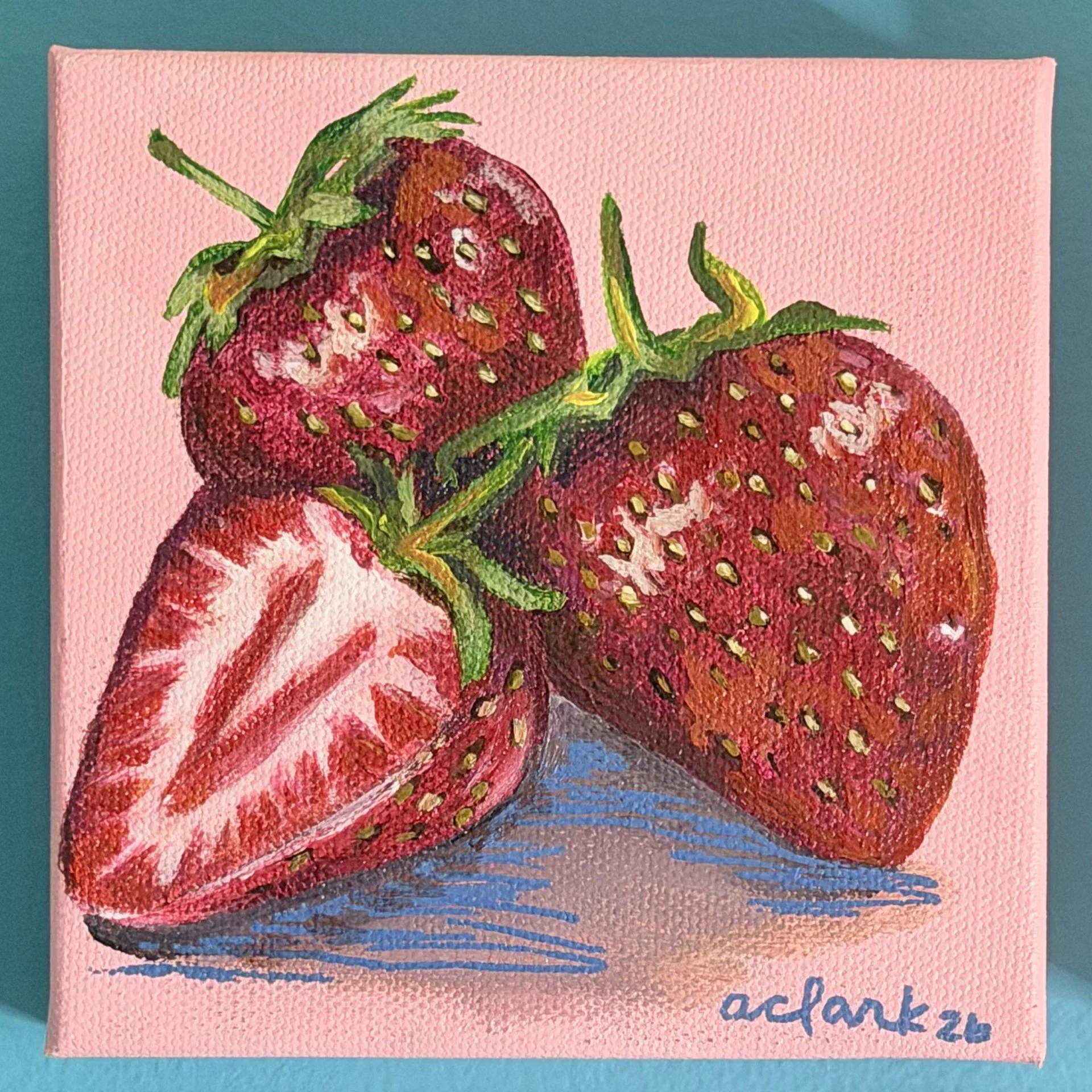 Ripe red strawberries mini painting by Abby Clark
