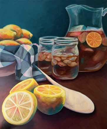 Summerville Squeeze! original artwork showing sweet tea, mason jars, a pitcher, and cut lemons on a table