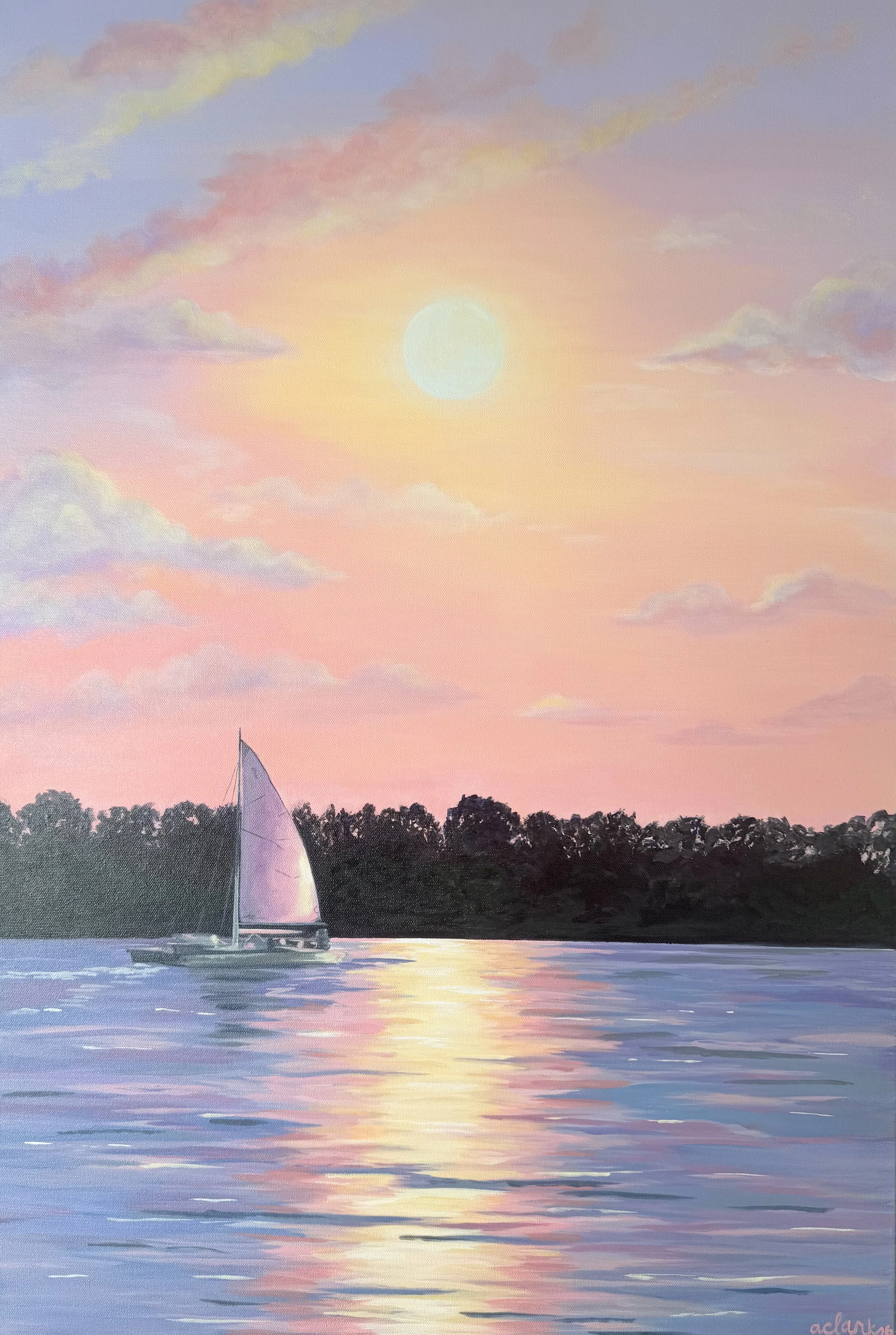 The Faithful Wind painting of a sailboat on still water beneath a pink and gold sunset