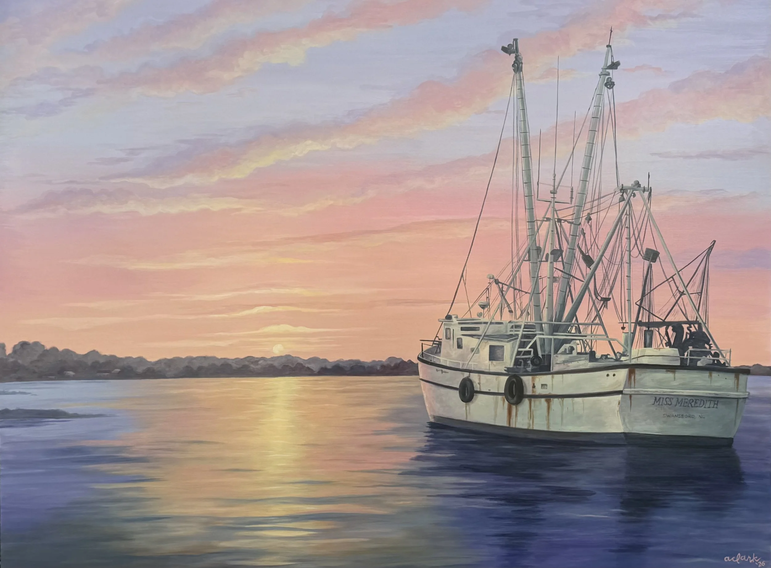 Anchored in Hope 6 x 8 inch giclée of a shrimp boat on calm water beneath a pink and lavender sunset