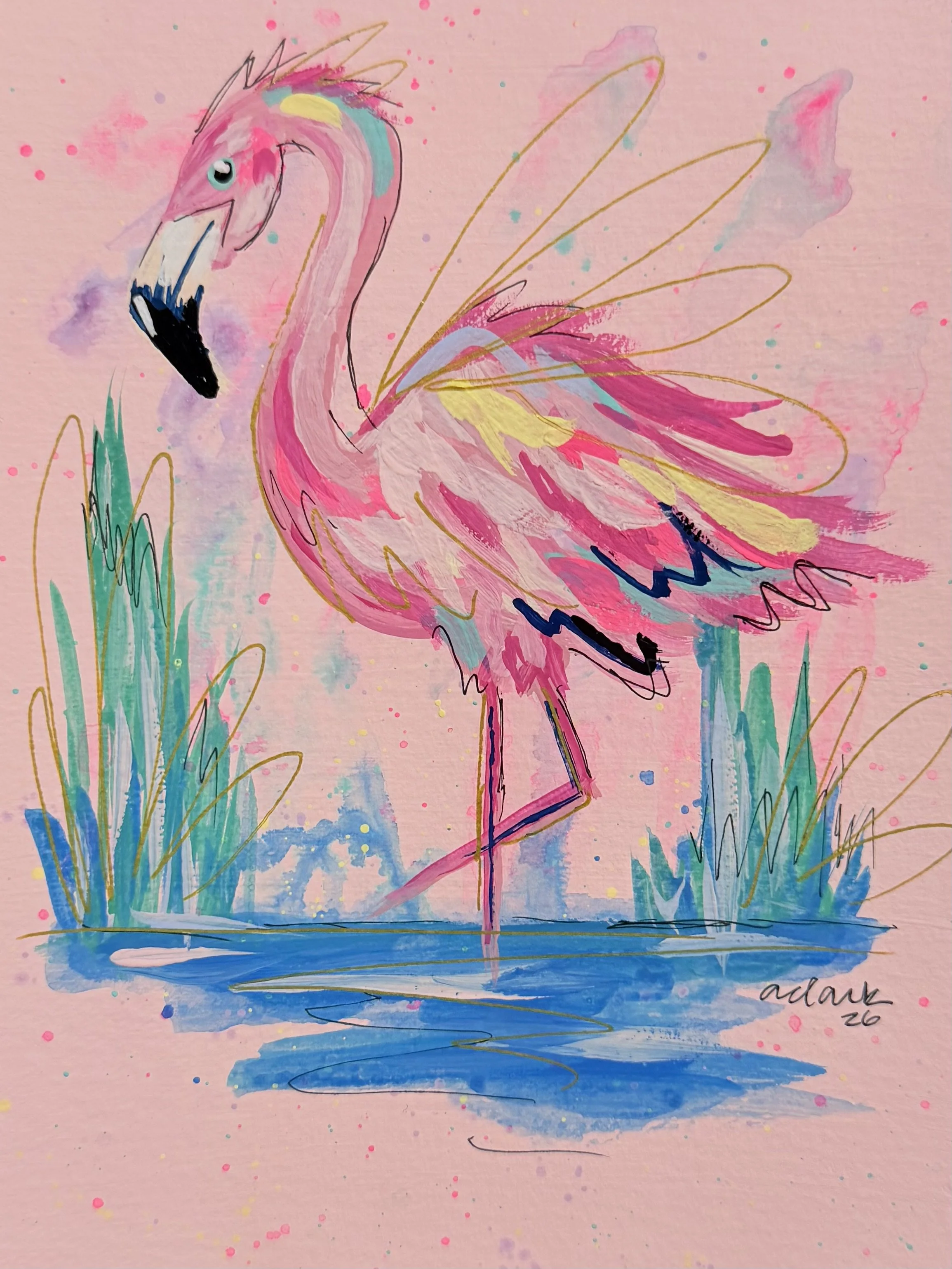 Pink flamingo notecard design with blue water and green reeds against a pink background