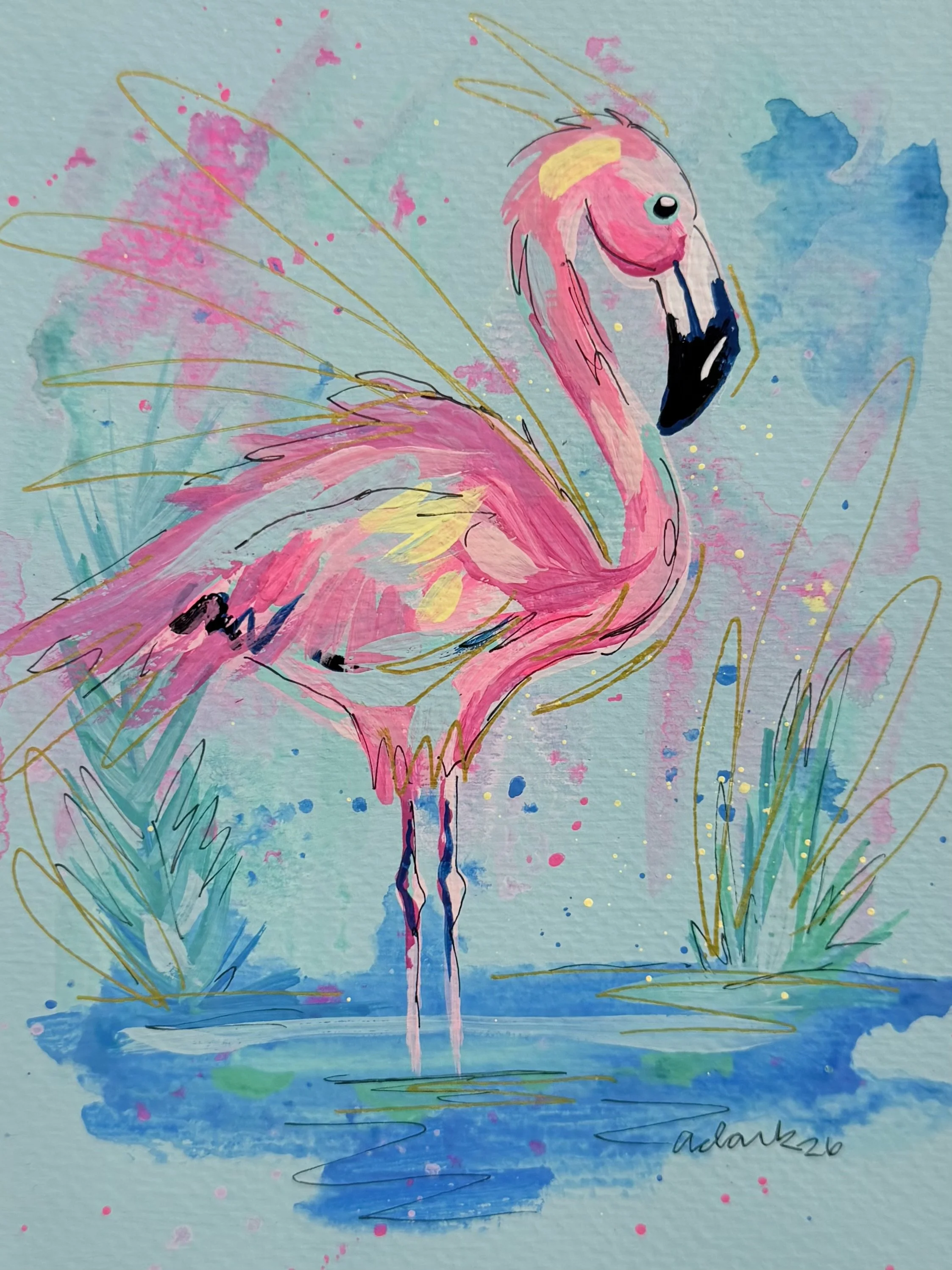 Flamingo notecard design with a pink bird, blue water, and green reeds against aqua