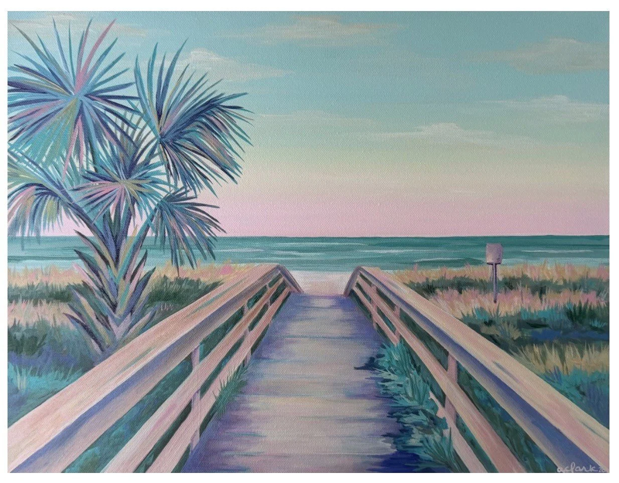 Palmetto Passage painting by Abby Clark, with a boardwalk leading past palmettos toward the ocean