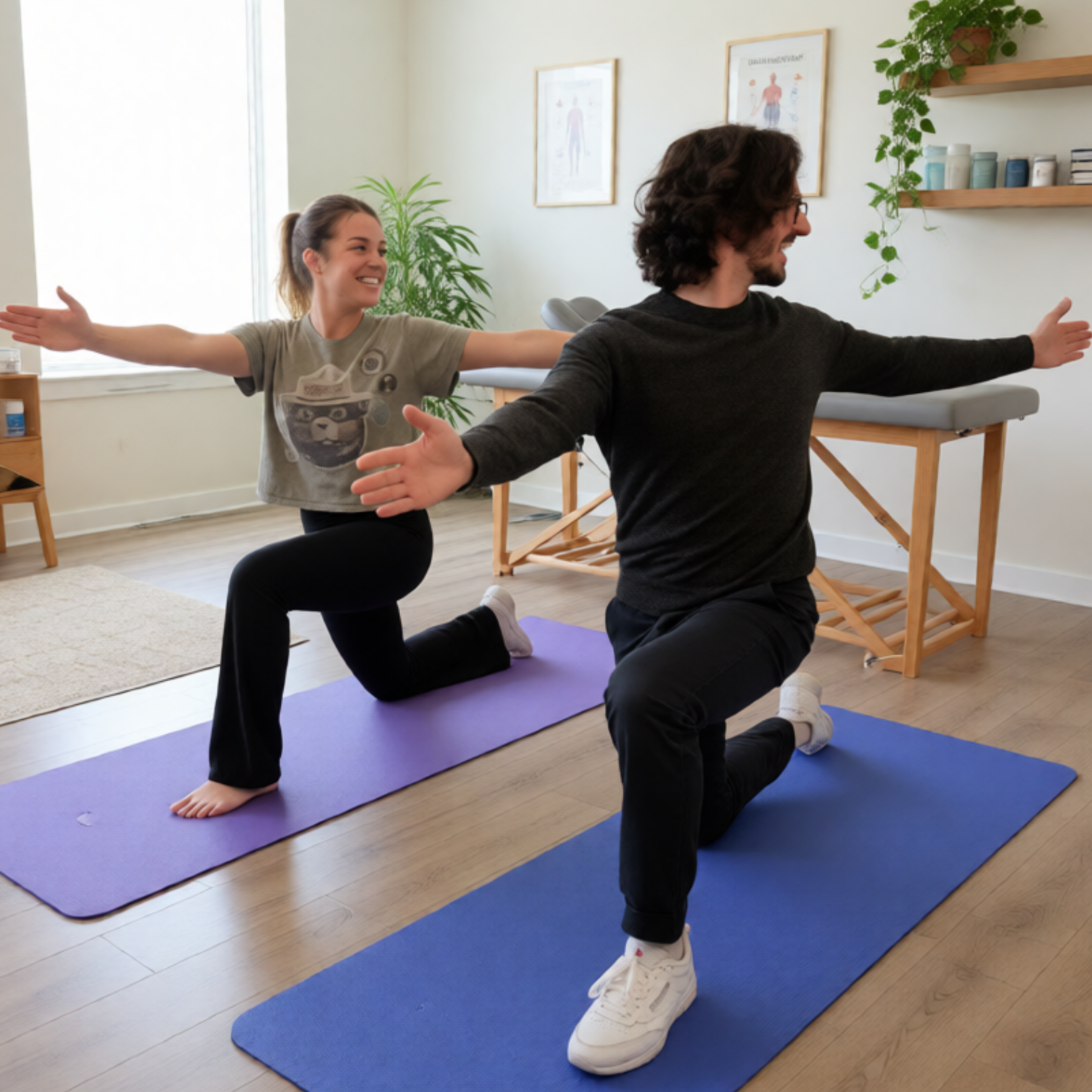 Two people, a woman and a man, practicing yoga indoors on purple and blue mats, standing on one knee with arms extended to the sides, smiling and facing each other.