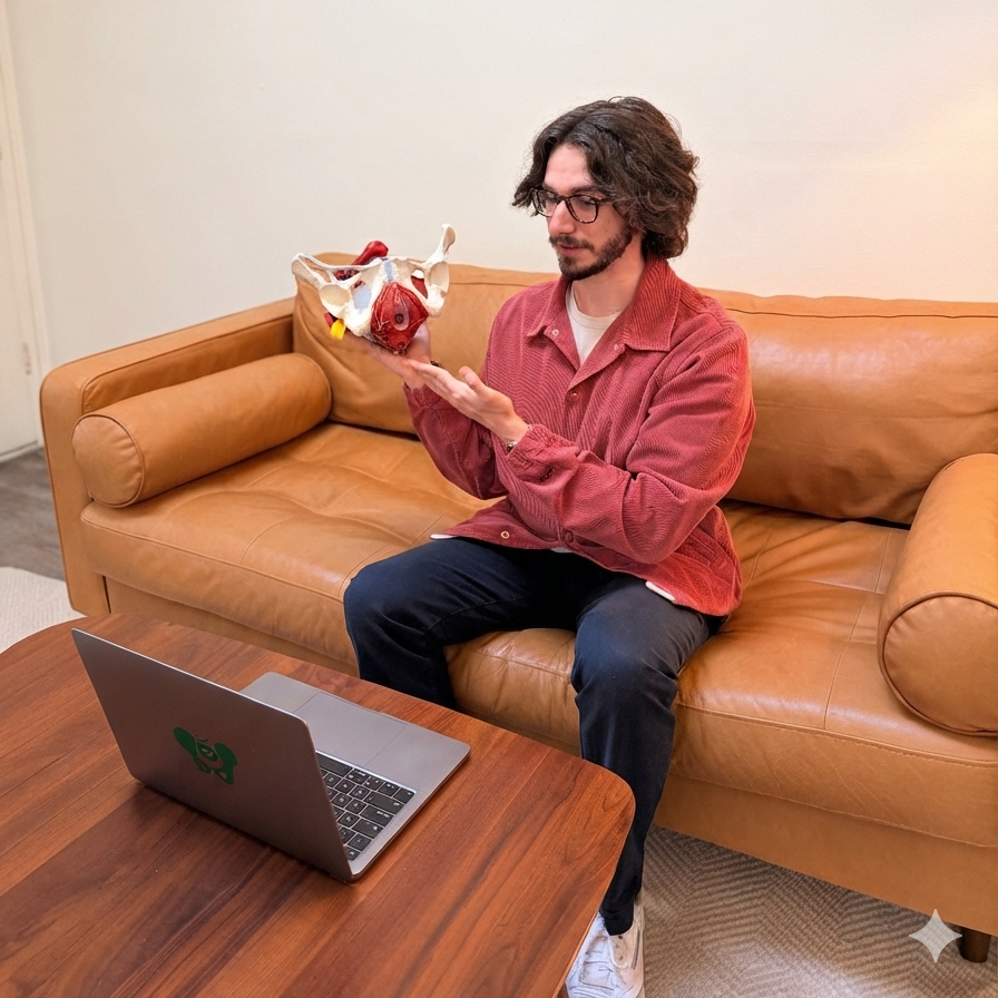 A man with long dark hair, glasses, and a beard sitting on a tan leather couch holding a detailed 3D model of a human pelvis and reproductive organs, with a laptop on a wooden table in front of him.