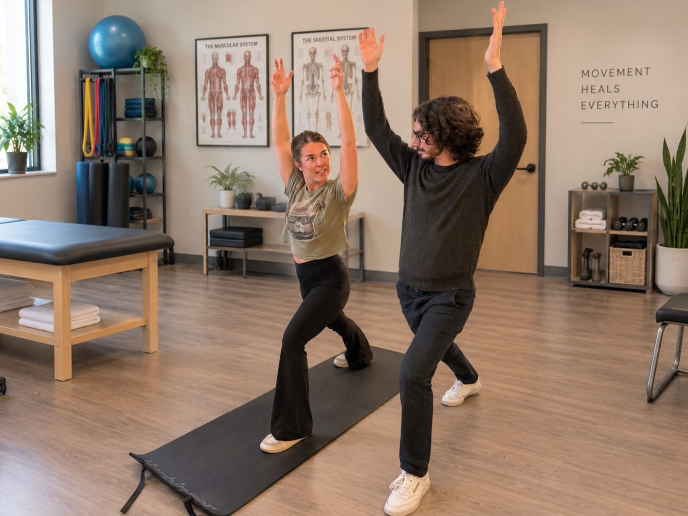 Two people practicing yoga in a fitness room, with fitness posters, exercise equipment, and plants in the background.