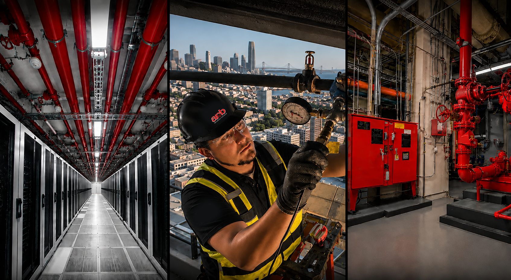Composite of three images: a server room with red pipes on the ceiling, a worker inspecting pipes on outside with a city skyline in the background, and an industrial room with red machinery and piping.