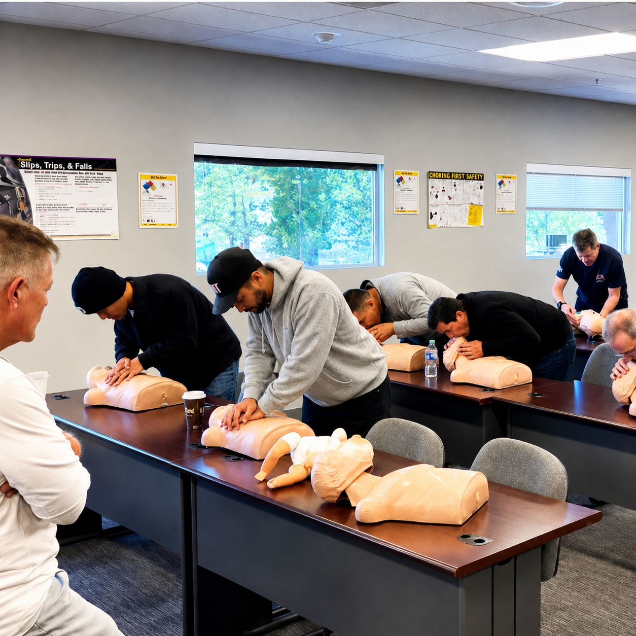 People participating in a CPR training class using mannequins on tables in a classroom.