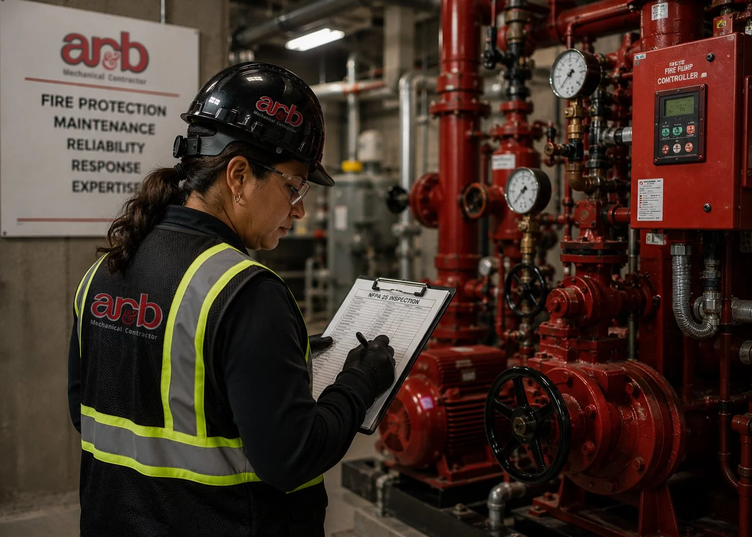 AR&B fire protection technician inspecting a commercial fire pump system