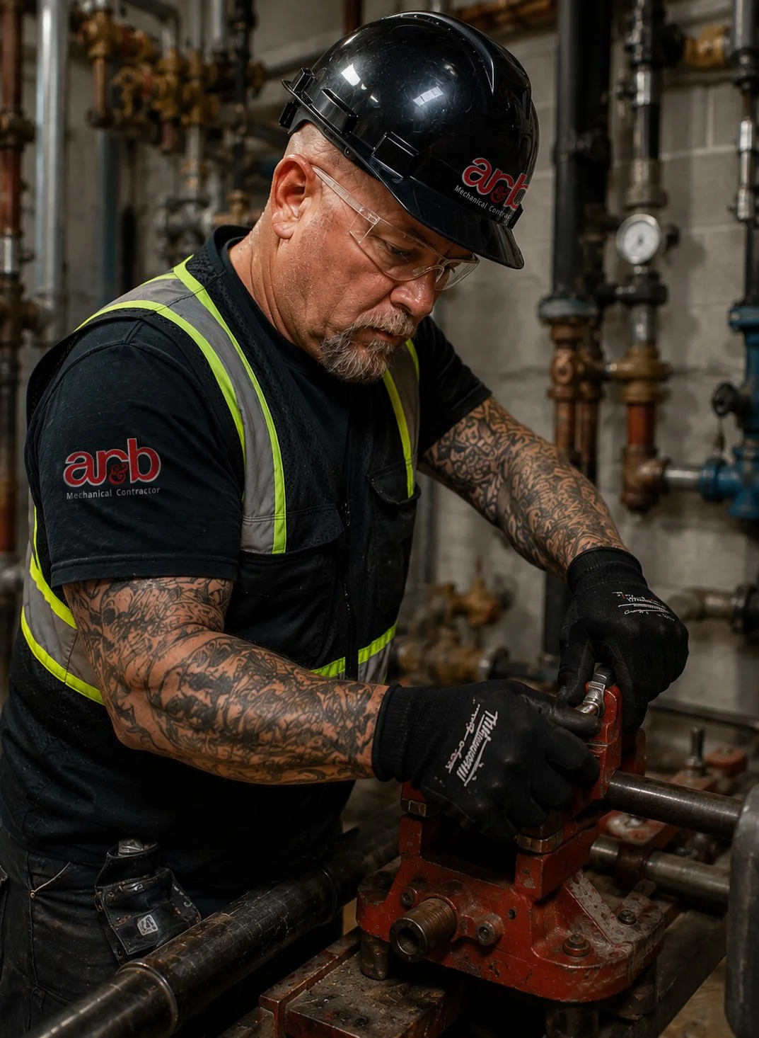 A tattooed male worker in safety gear, including a black helmet, safety glasses, a black vest with yellow reflective stripes, and black gloves, adjusting a pipe fitting in an industrial setting with pipes and gauges in the background.