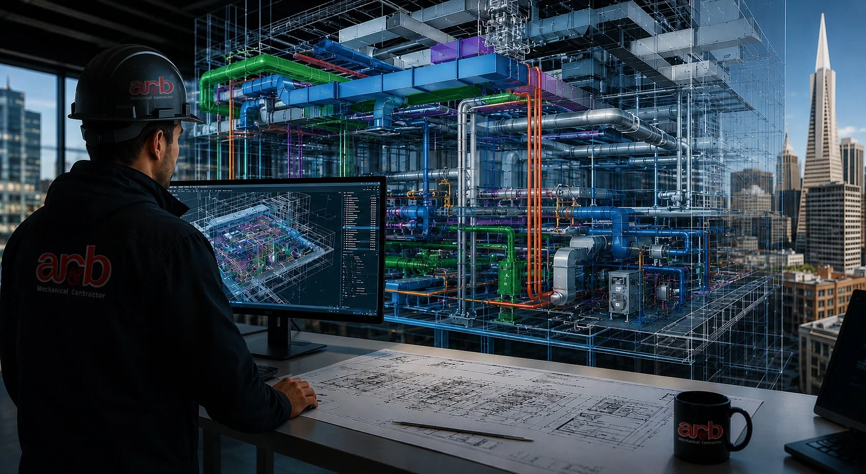 An engineer with a hard hat and ARB logo examining a digital 3D model of building systems on a computer monitor, with a city skyline in the background.