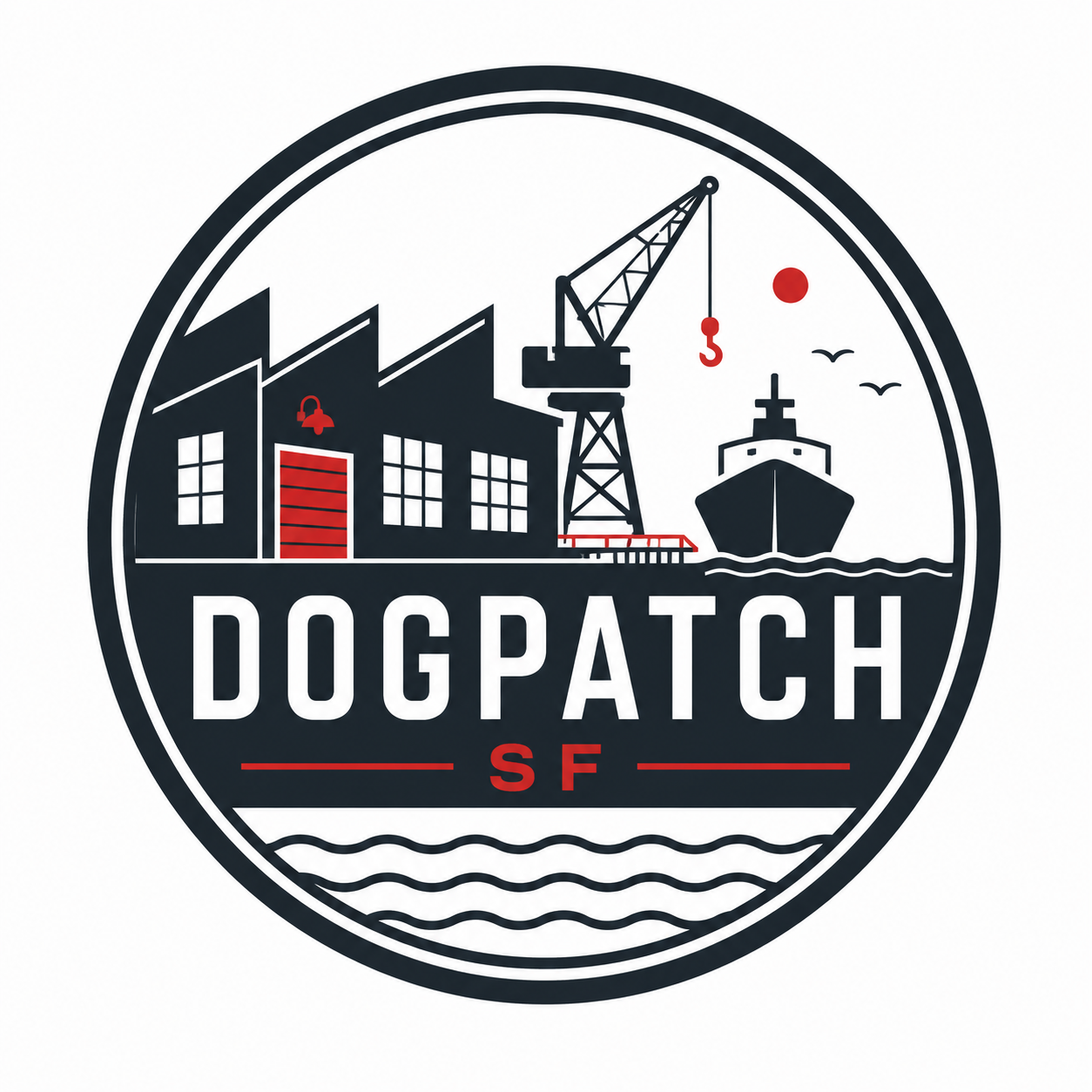 A circular logo for Dogpatch SF featuring a factory, crane, ship, birds, and water in a minimalist style with black, white, and red accents.