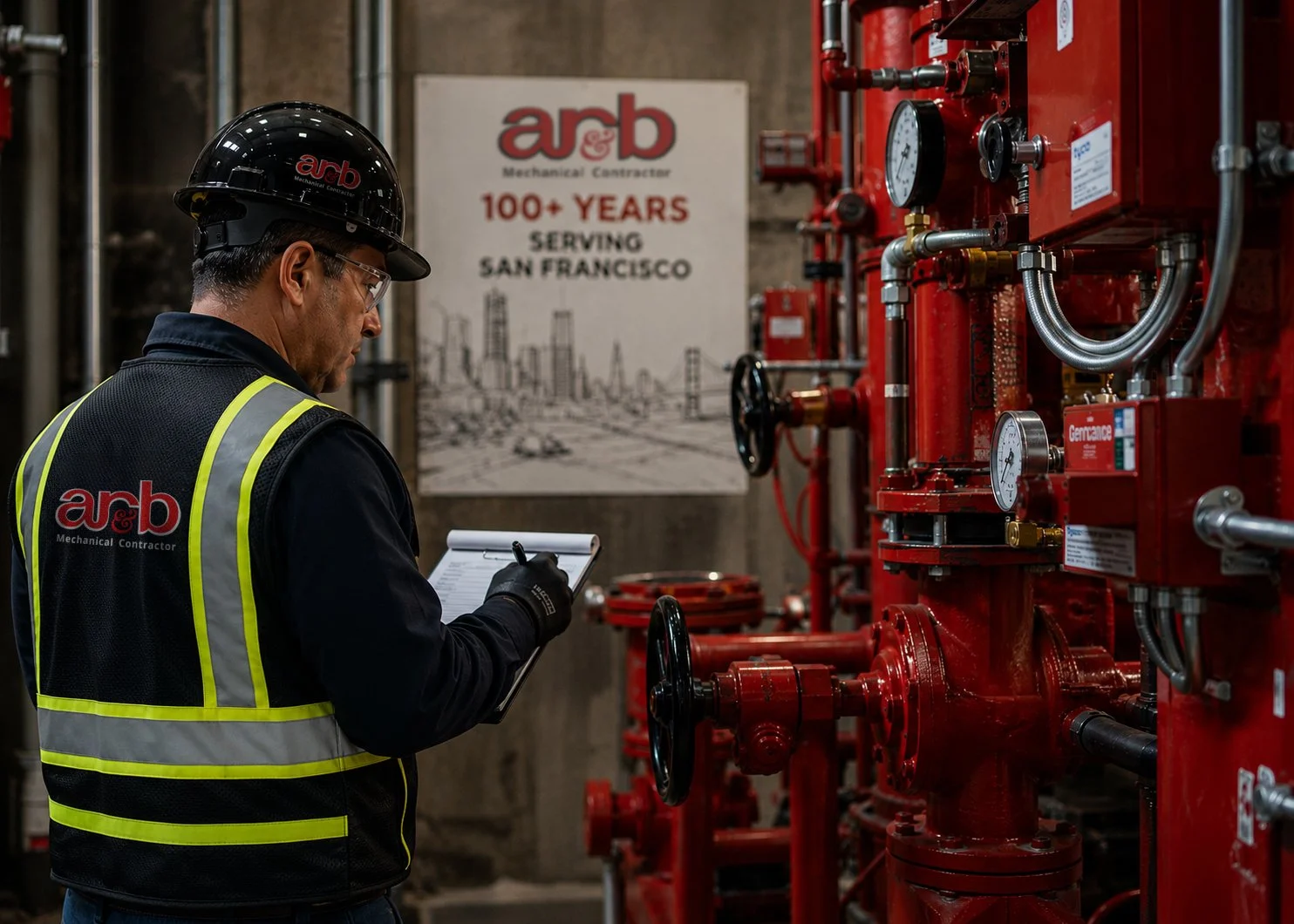 AR&B technician inspecting a commercial fire protection system in San Francisco