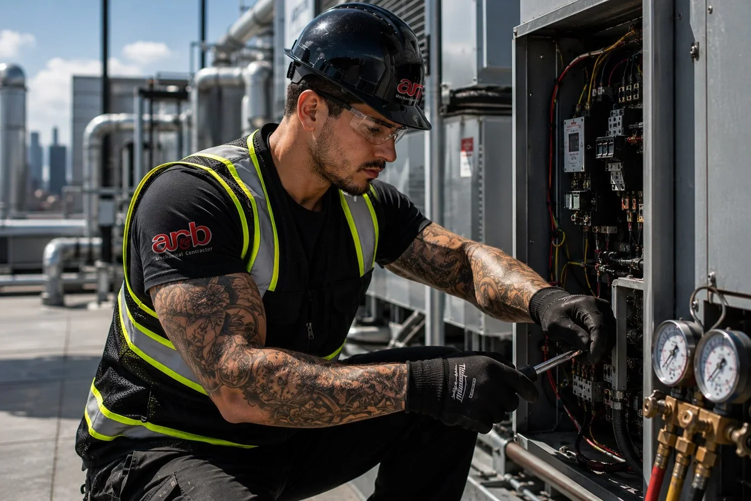 AR&B HVAC technician servicing commercial rooftop HVAC equipment in San Francisco
