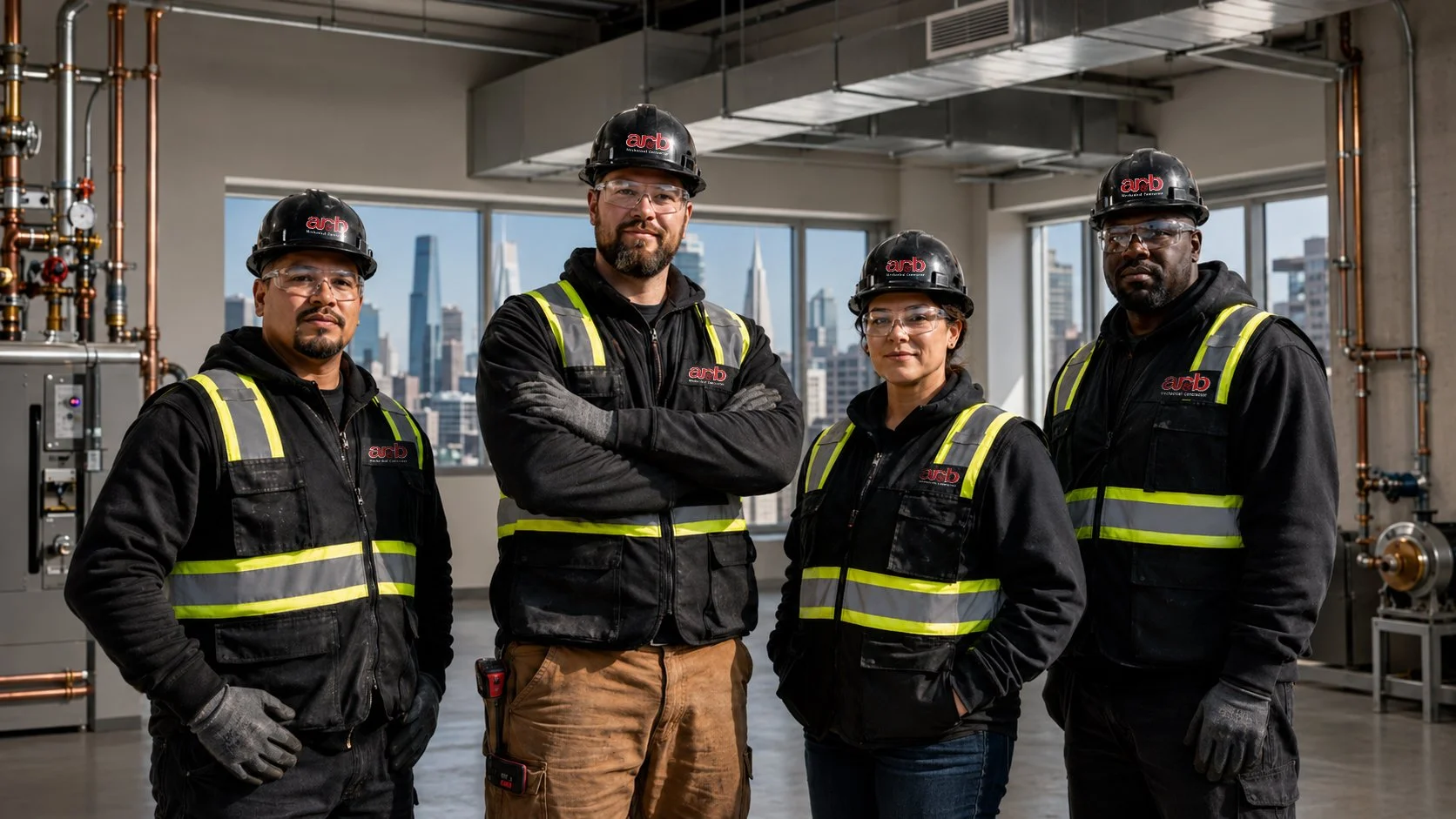 Four construction workers in black safety jackets and helmets with high visibility strips, standing inside a building under construction with large windows showing a city skyline in the background.