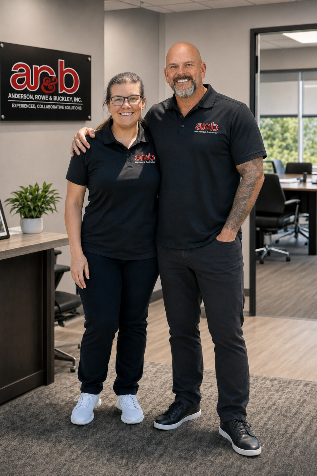 Two AR&B employees (father and daughter) standing inside an office, smiling and posing for a photo. They are wearing black shirts with the red and white 'arb' logo. There is a company sign on the wall that also says 'arb' and an office meeting room.