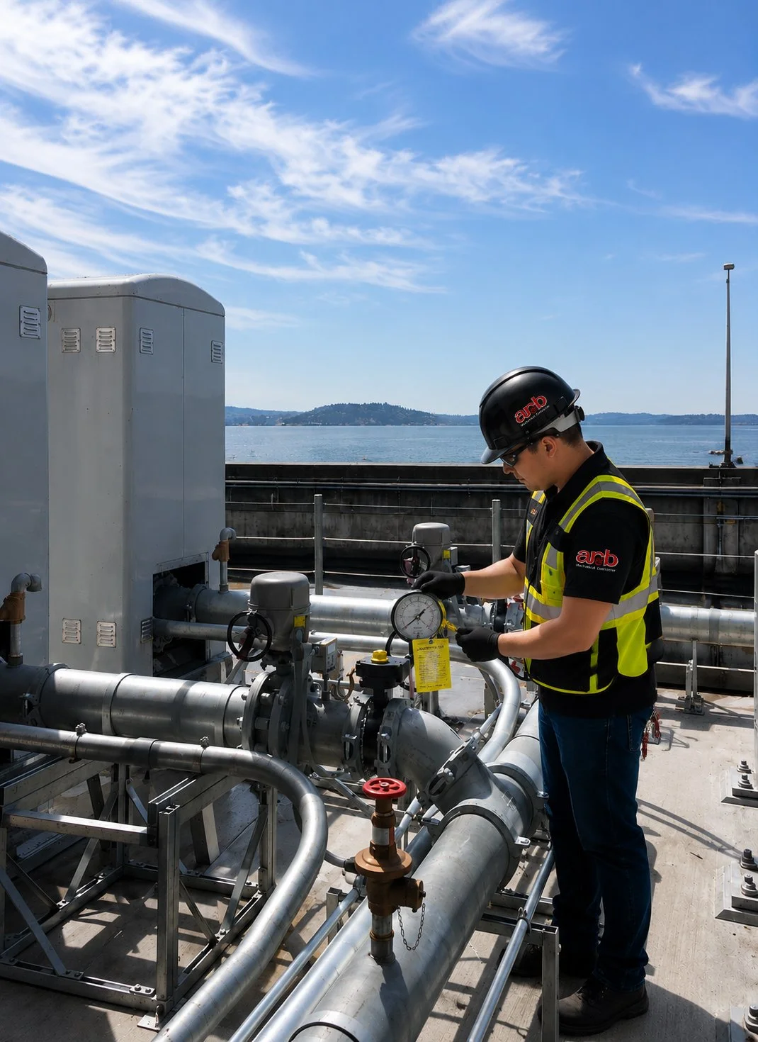 A male worker wearing safety gear, including a helmet and gloves, is inspecting industrial pipes and gauges on a rooftop near a body of water. The sky is partly cloudy with distant hills visible.