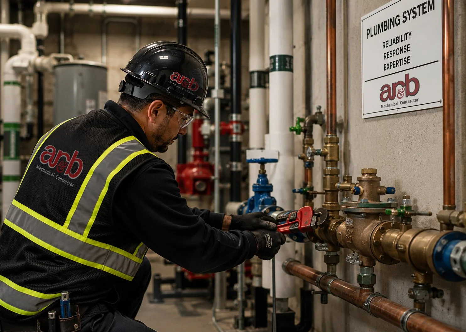 AR&B plumbing technician performing commercial plumbing maintenance