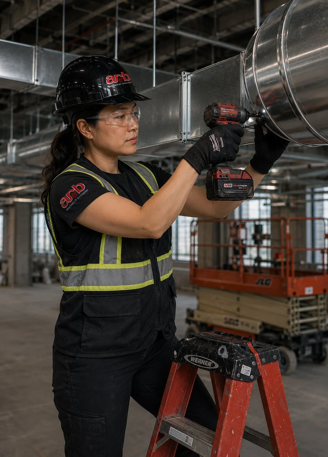 A woman wearing safety glasses, a black hard hat with 'arb' logo, a black safety vest with yellow reflective stripes, black gloves, and black pants is using a cordless drill to work on some metal ductwork in an industrial setting. She is standing on a red step ladder, in a large indoor construction or maintenance facility with exposed ceiling and ventilation ducts.