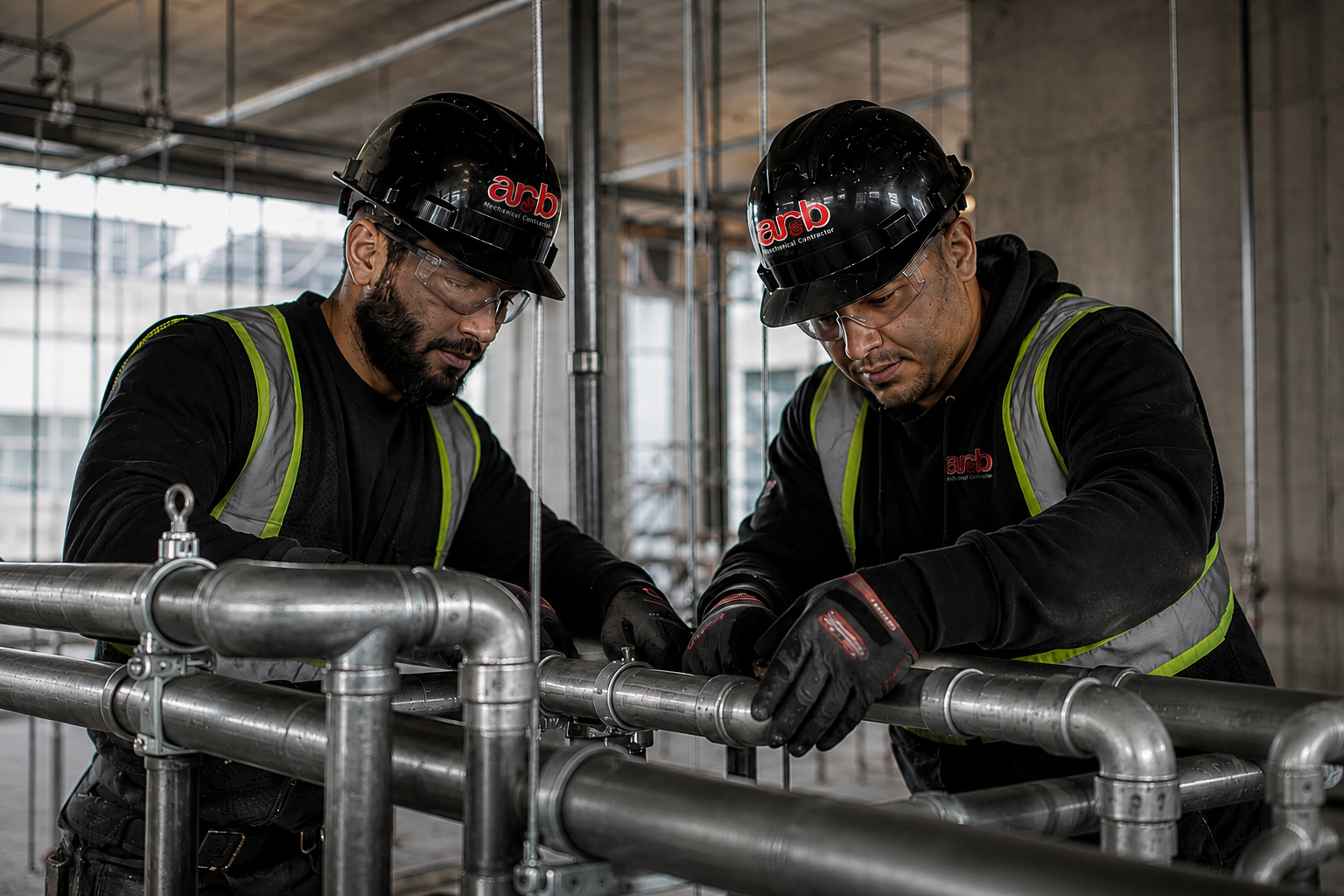 Two construction workers wearing black helmets, glasses, and safety vests working on metal pipes at a construction site.