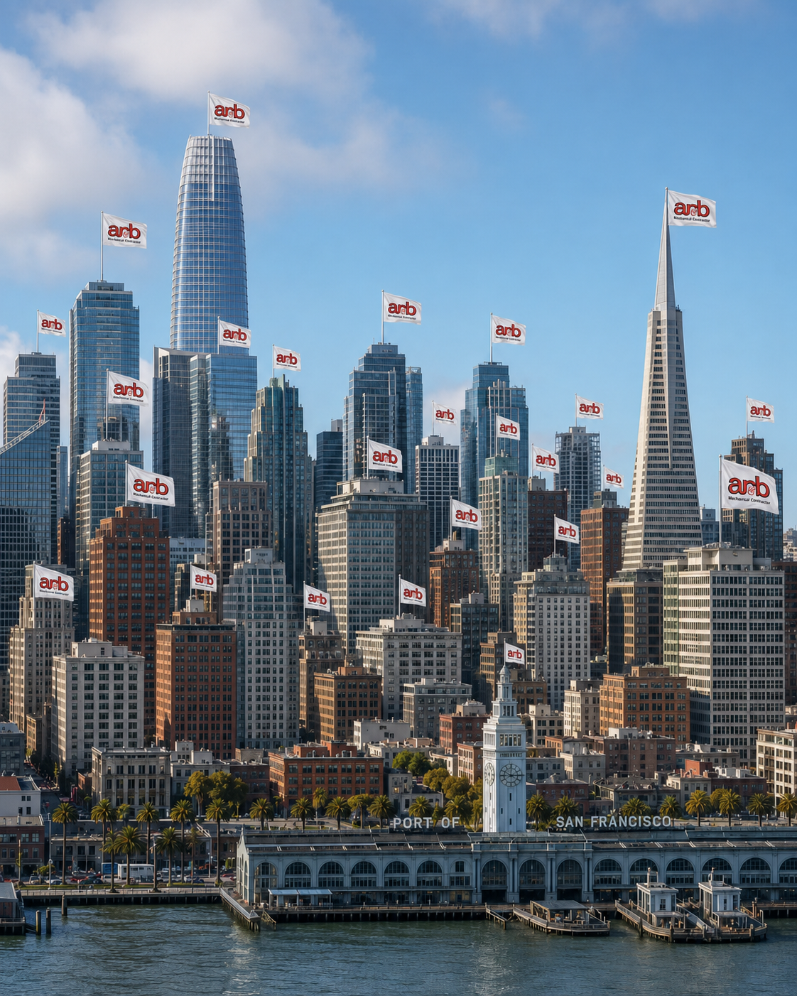 San Francisco downtown skyline with modern skyscrapers, a historic clock tower by the waterfront, and flags with the 'ARB' logo.