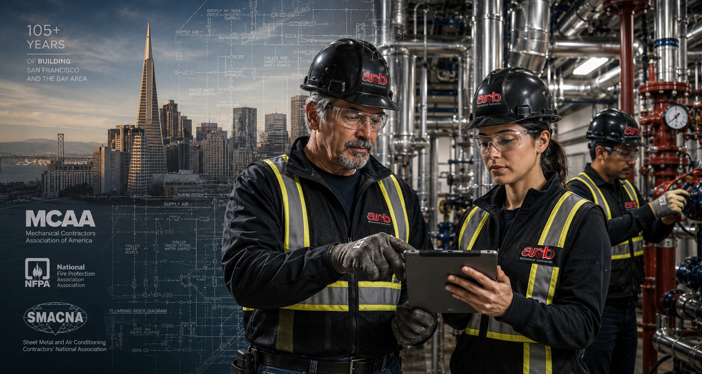 Two AR&B construction professionals reviewing digital plans with San Francisco mechanical systems in the background.