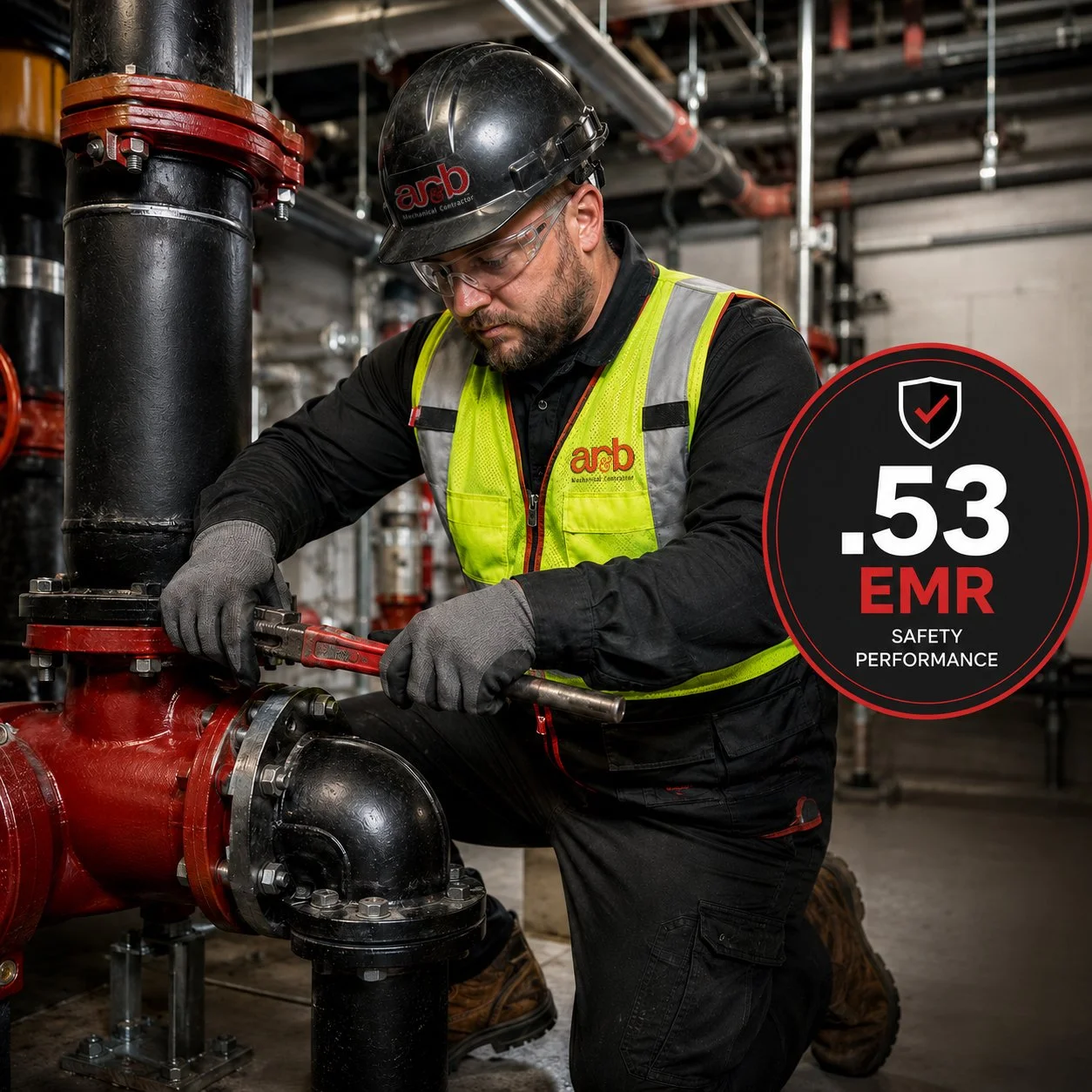 A worker in safety gear, including a helmet, safety glasses, gloves, and a high-visibility vest, is fixing or inspecting industrial piping in a mechanical room, with pipes and industrial equipment in the background. An overlay shows a safety performance score of .53 EMR.