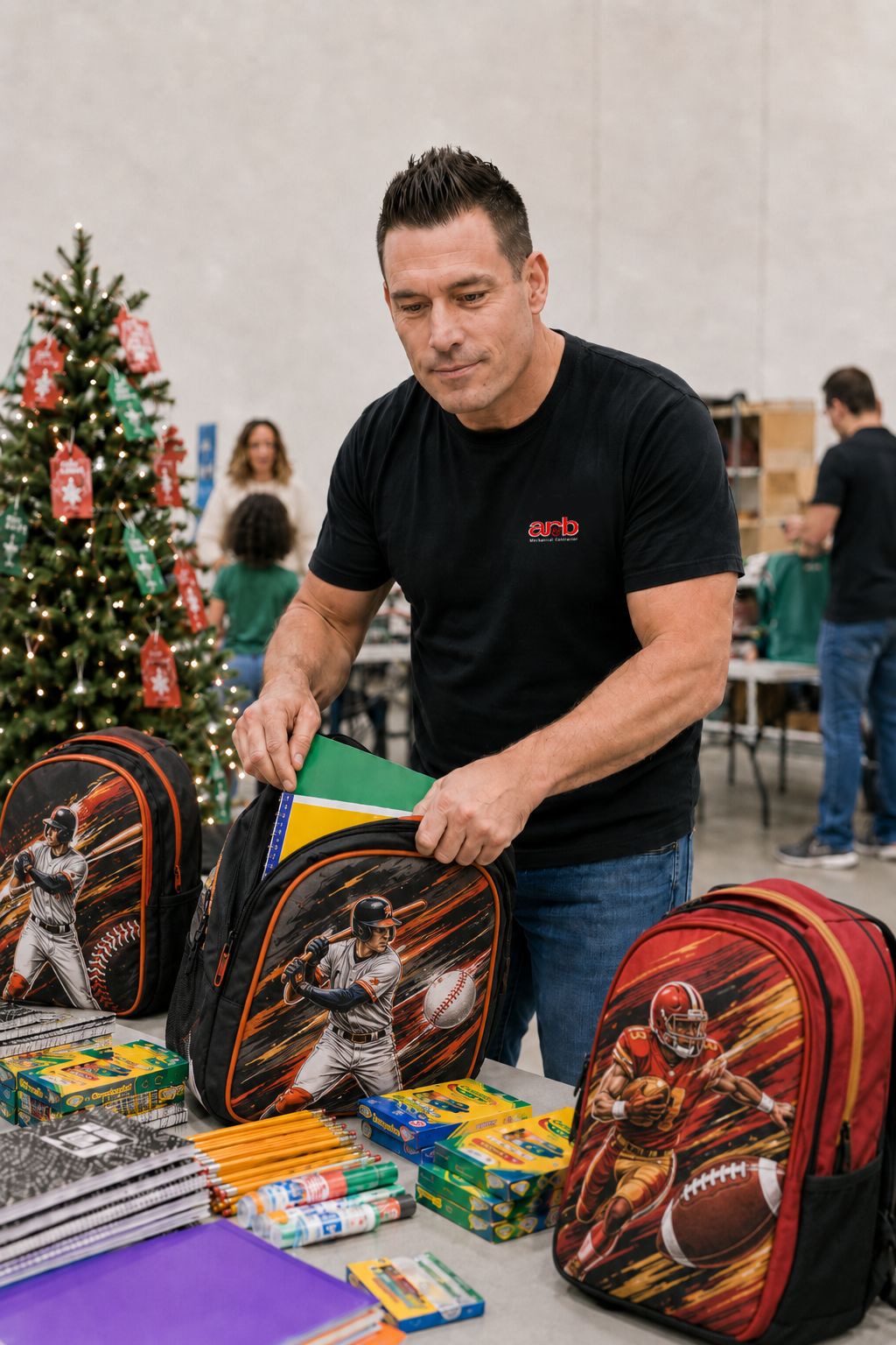 AR&B CEO Rich Buckley is packing school supplies into backpacks with sports graphics at a holiday event, with a Christmas tree and other people in the background.