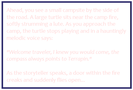 Text excerpt describing a campsite scene, featuring a turtle, a melodious voice, and a door within a fire that suddenly opens.