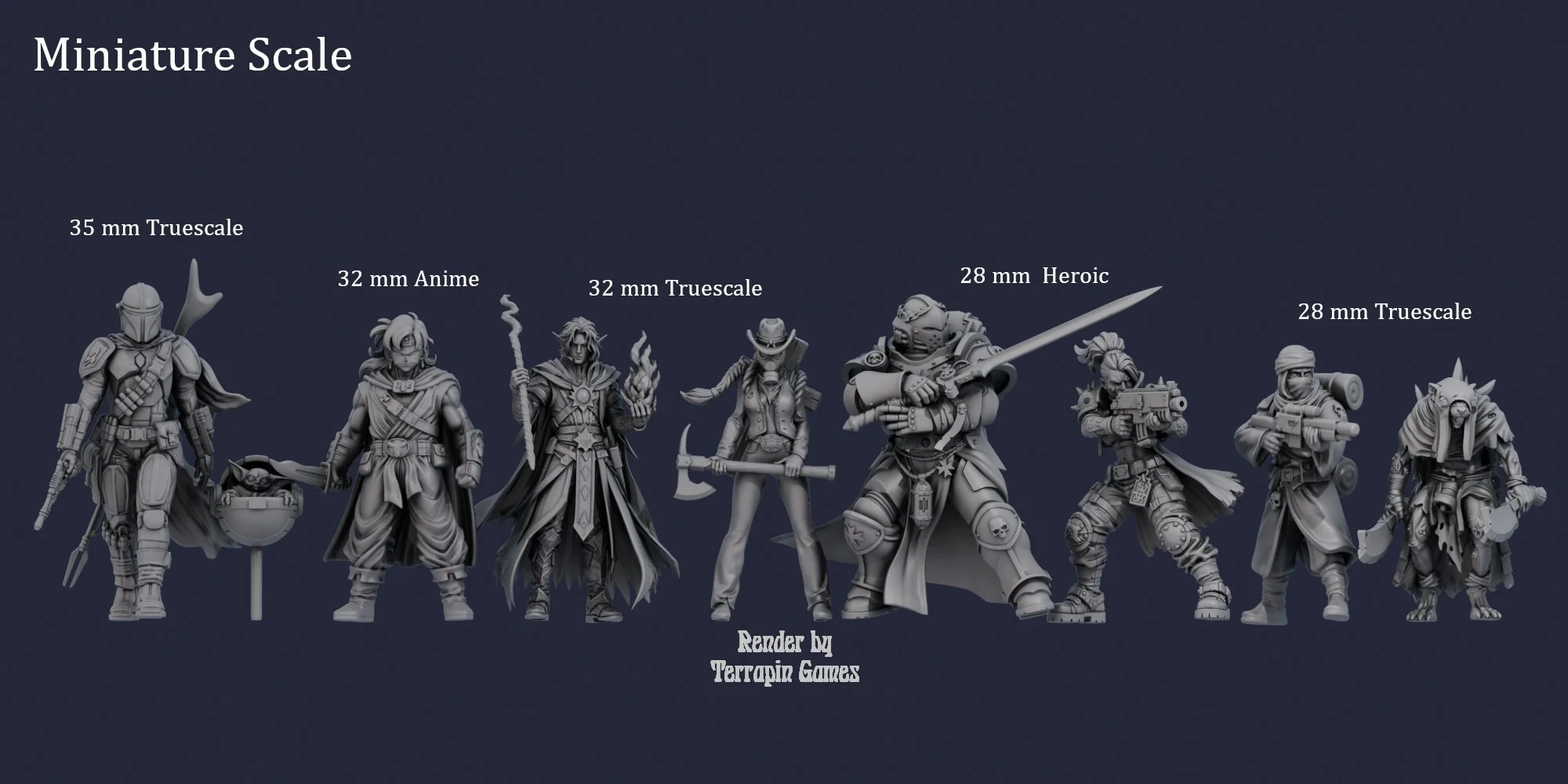 A comparison of miniature figures displaying their scale in millimeters, including 35mm, 32mm, and 28mm sizes, with detailed characters such as a cowboy, mage, ninja, dwarf, samurai, soldier, and anthropomorphic animal, arranged from left to right on a dark background.
