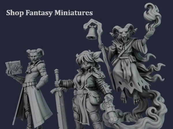 Gray fantasy miniature figures, including a mage, a warrior woman with a sword, and a sorcerer with a staff, against a dark background with white text.