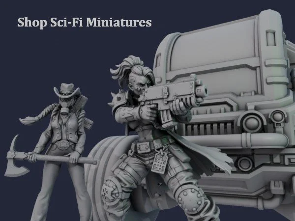 Gray 3D-printed sci-fi miniatures of a female warrior with an axe and a male soldier with a gun, positioned in front of a large vehicle, with text "Shop Sci-Fi Miniatures" in the top left corner.