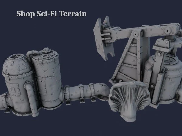 3D model of sci-fi themed industrial equipment with large tanks, pipes, robotic arm, and a creature or alien head, with the text 'Shop Sci-Fi Terrain' in the top left corner.