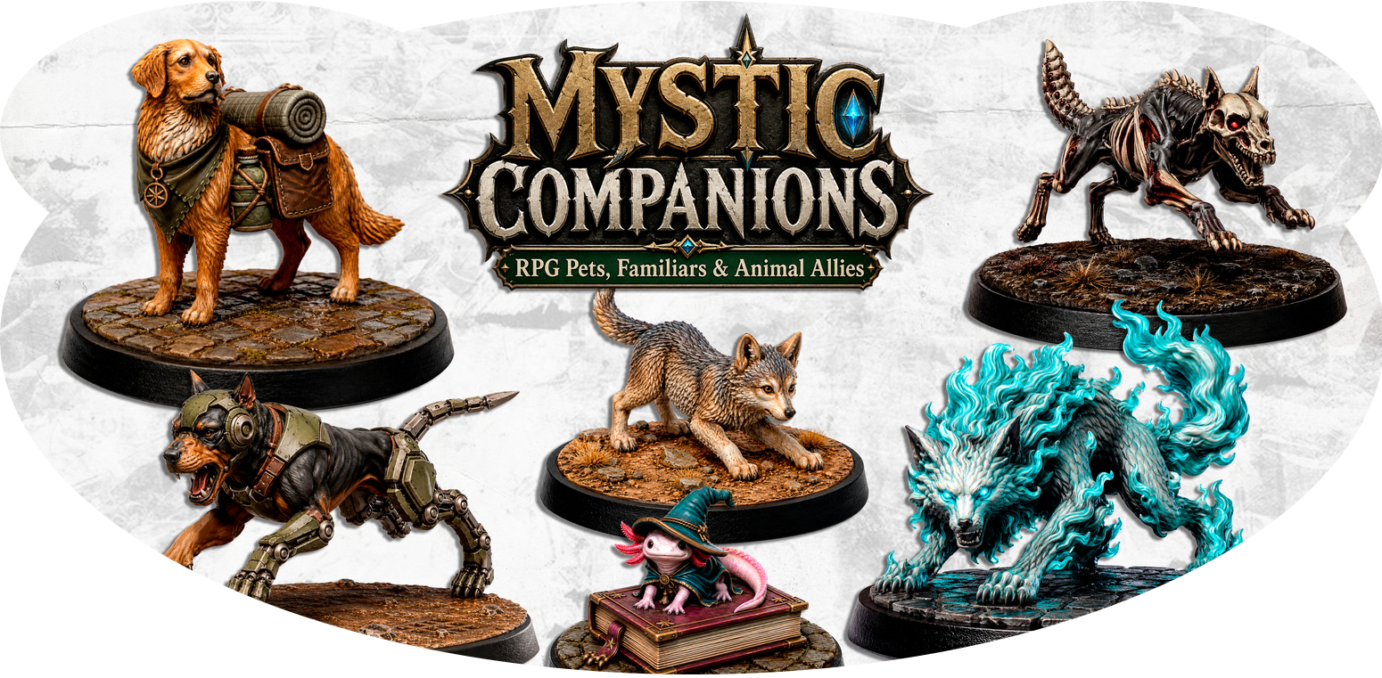 Collection of fantasy RPG animal figurines, including a dog with gear, a skeletal wolf, a mechanical dog, a wolf pup, a magical mouse with a wizard hat, and a glowing spectral wolf, with a 'Mystic Companions' logo at the top.