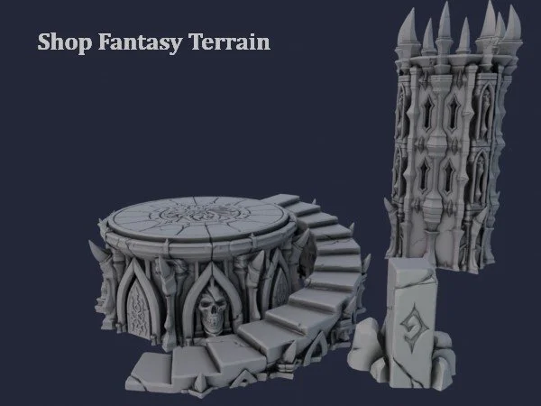3D models of fantasy terrain including a circular platform with stairs and a skull sculpture, and a tall, ornate tower with spikes, for tabletop gaming.