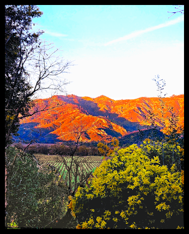 Scenic view of orange and purple mountains under a blue sky with trees and bushes in the foreground.