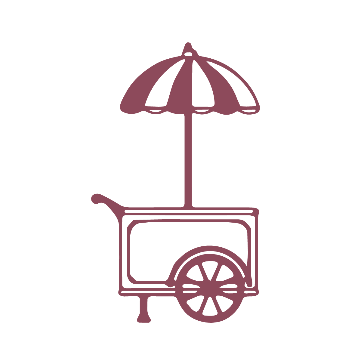 Outline drawing of a stand cart with a large wheel and a striped patio umbrella.