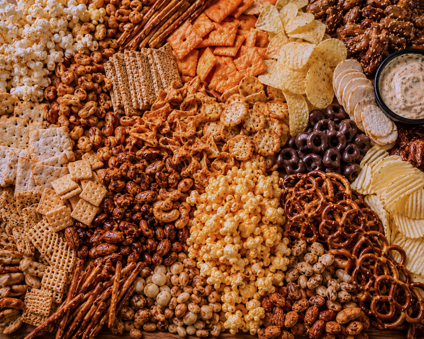 Assorted savory snacks including popcorn, mixed nuts, crackers, cheese and charcuterie, pretzels, chips, and a bowl of dipping sauce.