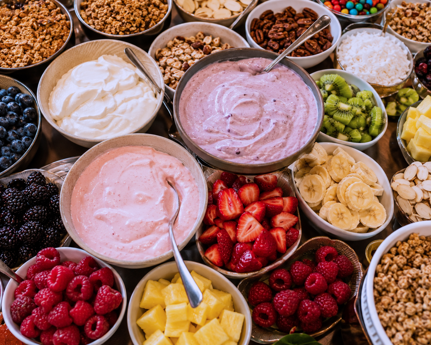 A variety of bowls filled with different types of fruit, yogurt and cereal on a table, including strawberries, blueberries, raspberries, bananas, pineapple, kiwi, and various granolas and cereals.