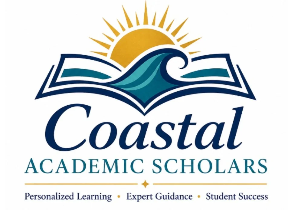 Logo of Coastal Academic Scholars featuring a sun, wave, and open book with the text 'Coastal Academic Scholars', and the tagline 'Personalized Learning, Expert Guidance, Student Success'.
