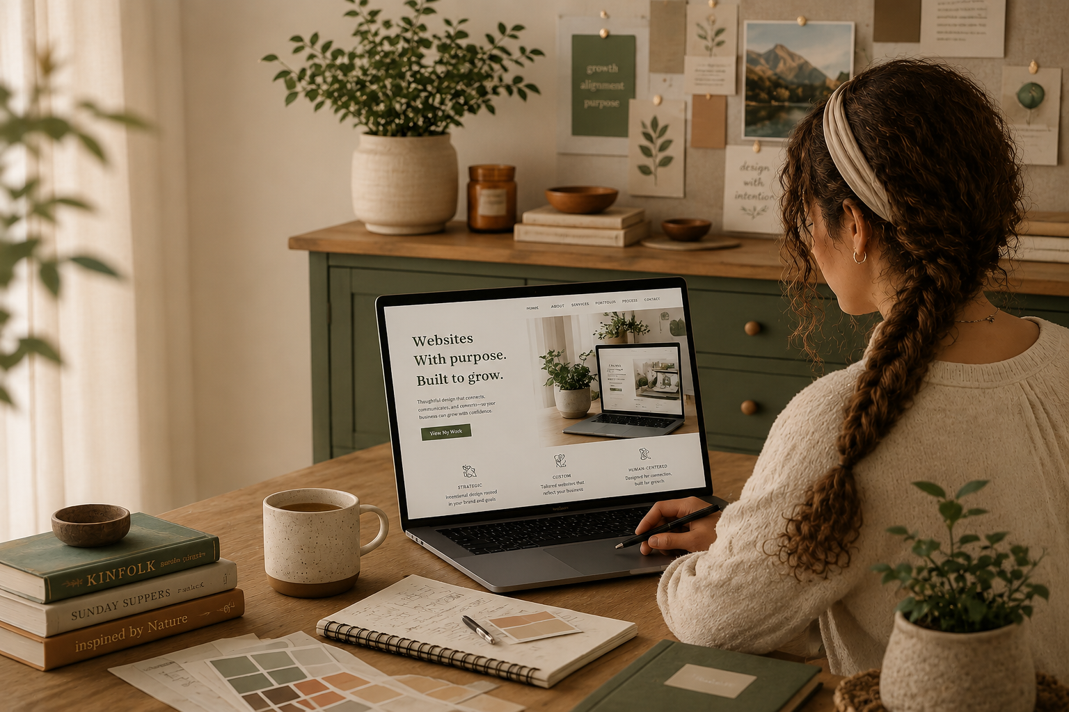A woman with curly hair in a braid, wearing a headband, sitting at a wooden desk working on a laptop. The screen displays a website about purposeful websites. The desk has books, a notebook, a pen, a mug, a small bowl, and a color palette. Behind her, a green cabinet with decorative items and a corkboard with photos and notes are visible.