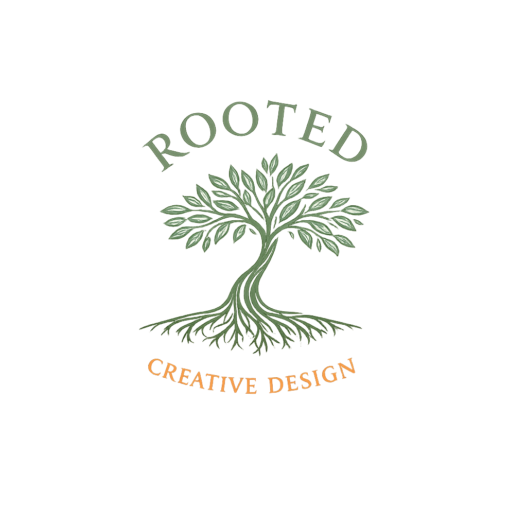 Logo with a green tree whose roots form a symmetrical pattern, with the words 'Rooted' above the tree and 'Creative Design' below in orange text, set against a black background.