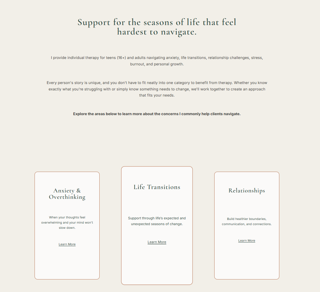 New Ground Therapy specialties page featuring anxiety, life transitions, and relationship therapy services