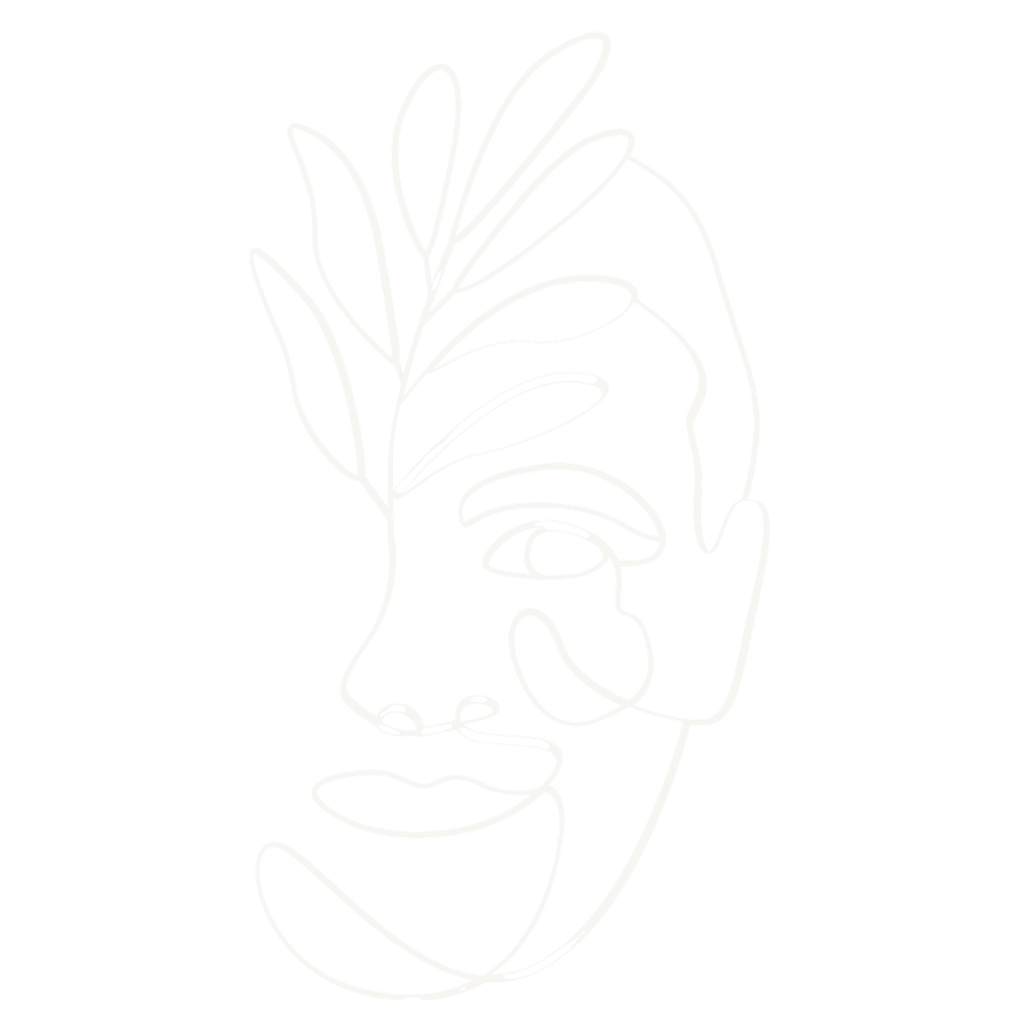Line drawing of a hand holding a plant with leaves against a black background